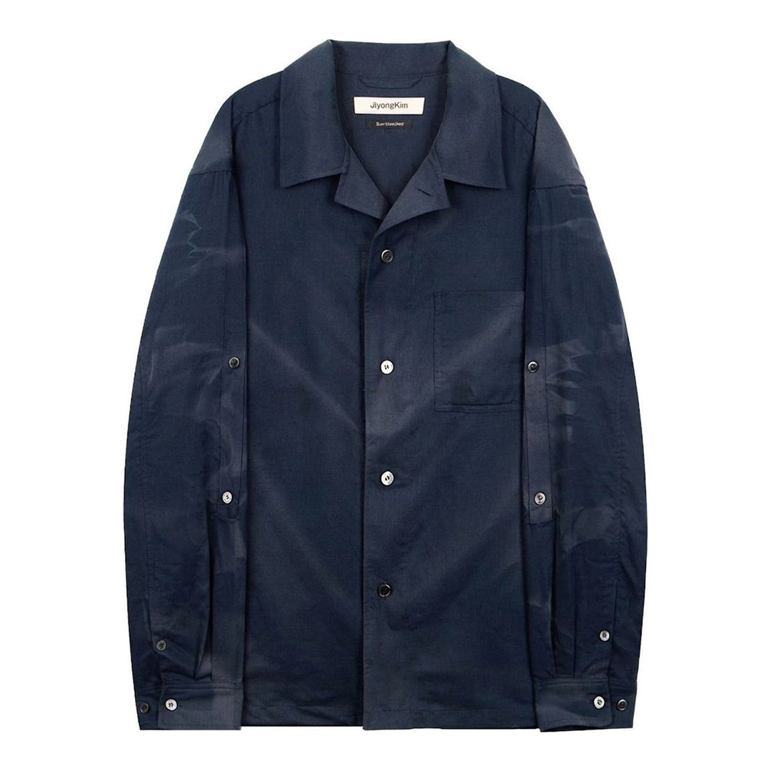 JiyongKim Sun-Bleached Strap Shirt in navy with faded finish, camp collar, chest pocket and button strap sleeves - packshot