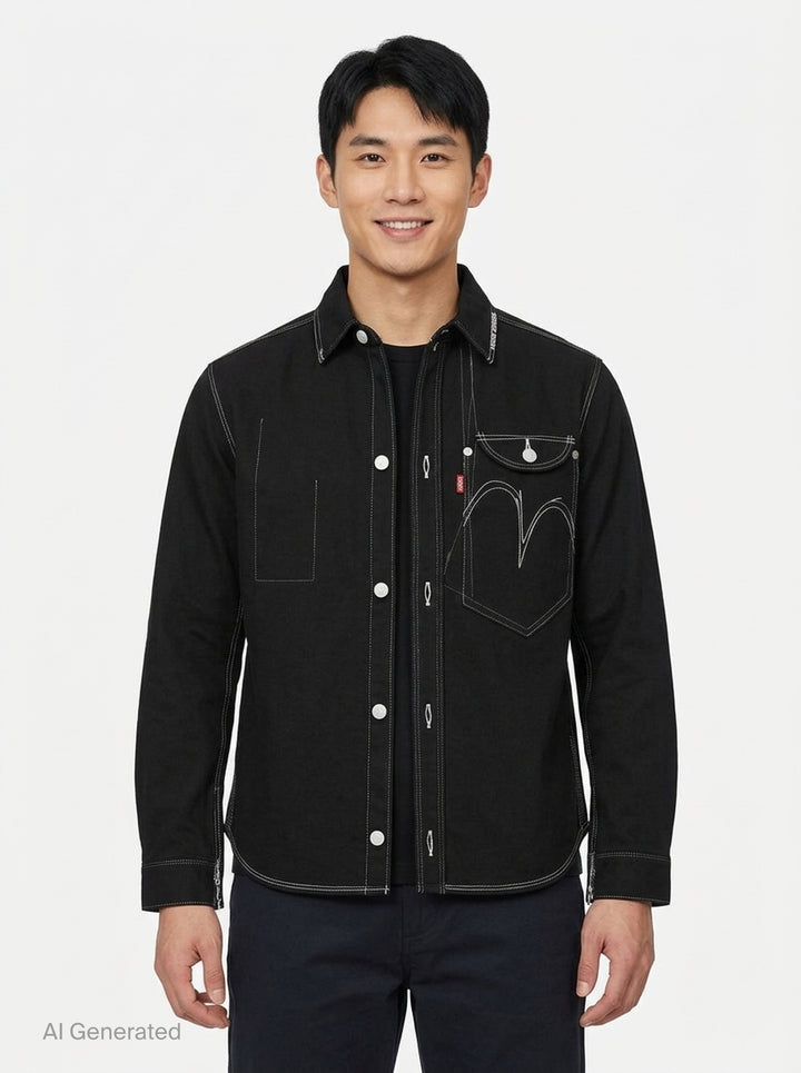 Junya Watanabe x Levi's black long-sleeve shirt with white contrast stitching, embroidered seagull motif across the chest, asymmetric chest pocket with red Levi's tab, and zip-detailed cuffs - front