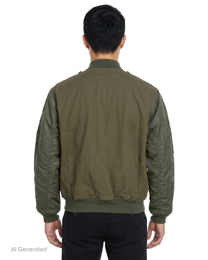 Junya Watanabe olive green nylon twill blouson with four flap pockets, ribbed trims, and a zip pocket on the sleeve - back
