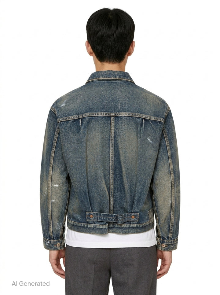 Junya Watanabe patchwork denim jacket in distressed indigo with mixed tweed, houndstooth, tartan plaid, and herringbone fabric appliqués, front view - back