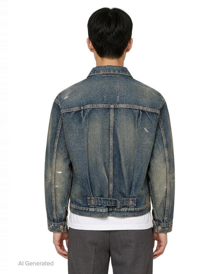 Junya Watanabe patchwork denim jacket in distressed indigo with mixed tweed, houndstooth, tartan plaid, and herringbone fabric appliqués, front view - back