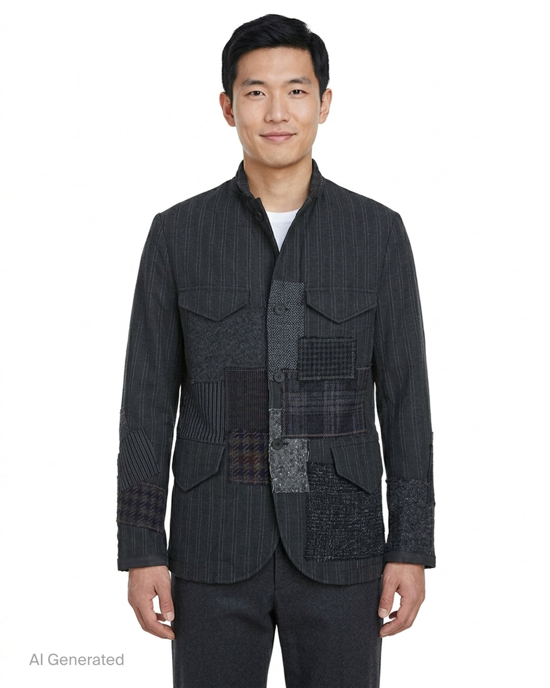 Junya Watanabe MAN charcoal pinstripe jacket with mixed wool patchwork panels, stand collar and flap pockets, front view - front