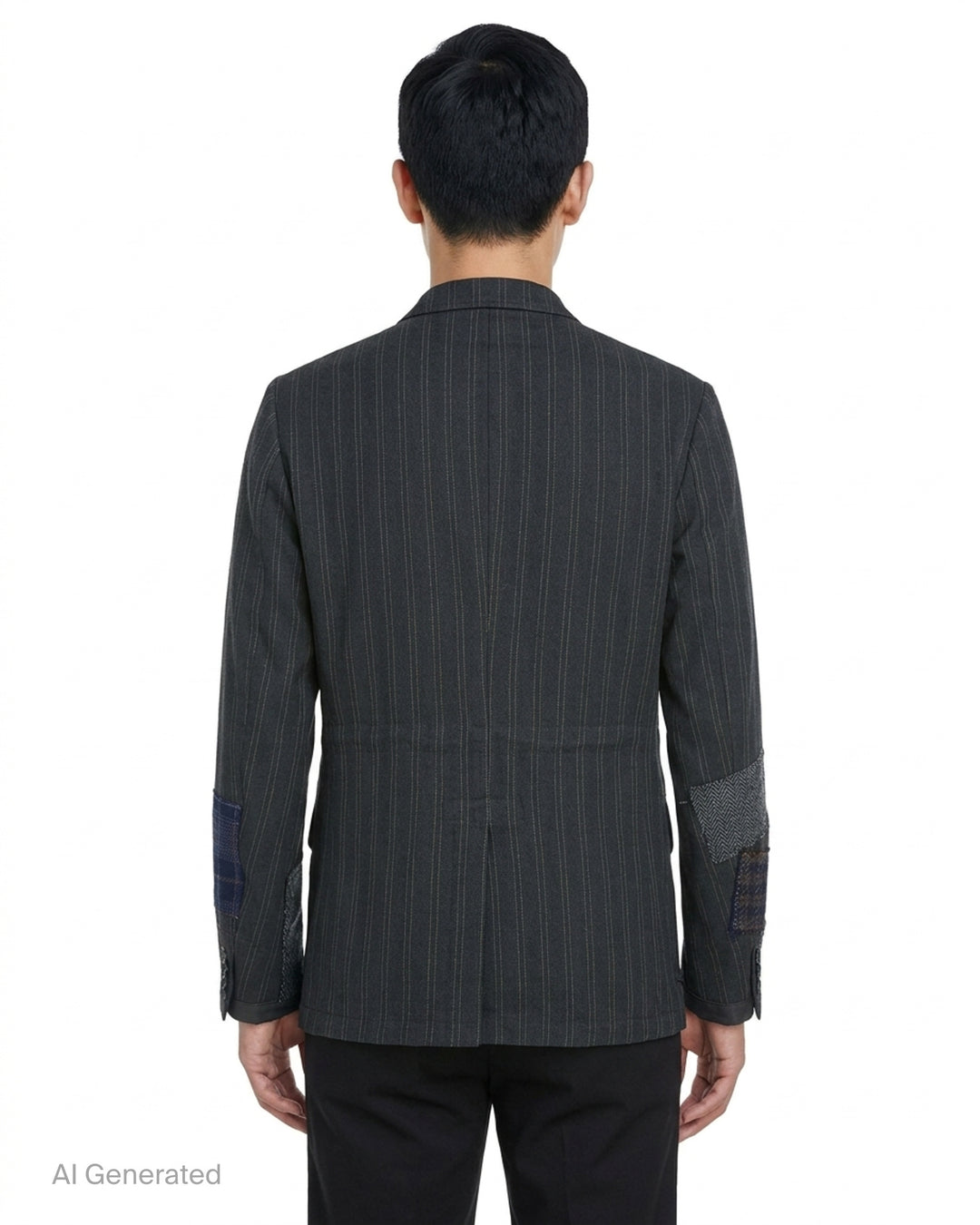 Junya Watanabe MAN charcoal pinstripe jacket with mixed wool patchwork panels, stand collar and flap pockets, front view - back