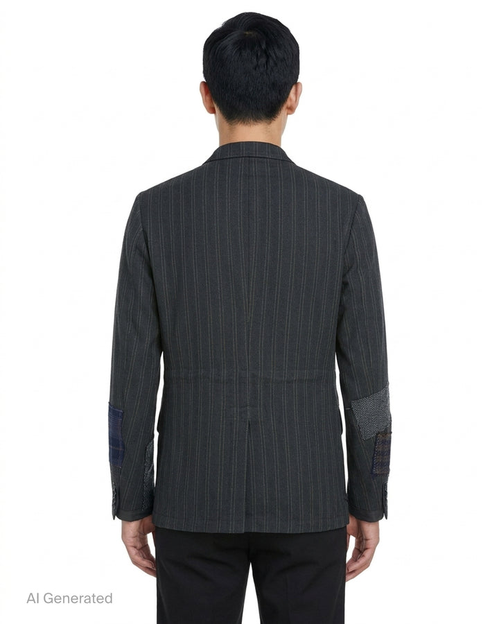 Junya Watanabe MAN charcoal pinstripe jacket with mixed wool patchwork panels, stand collar and flap pockets, front view - back