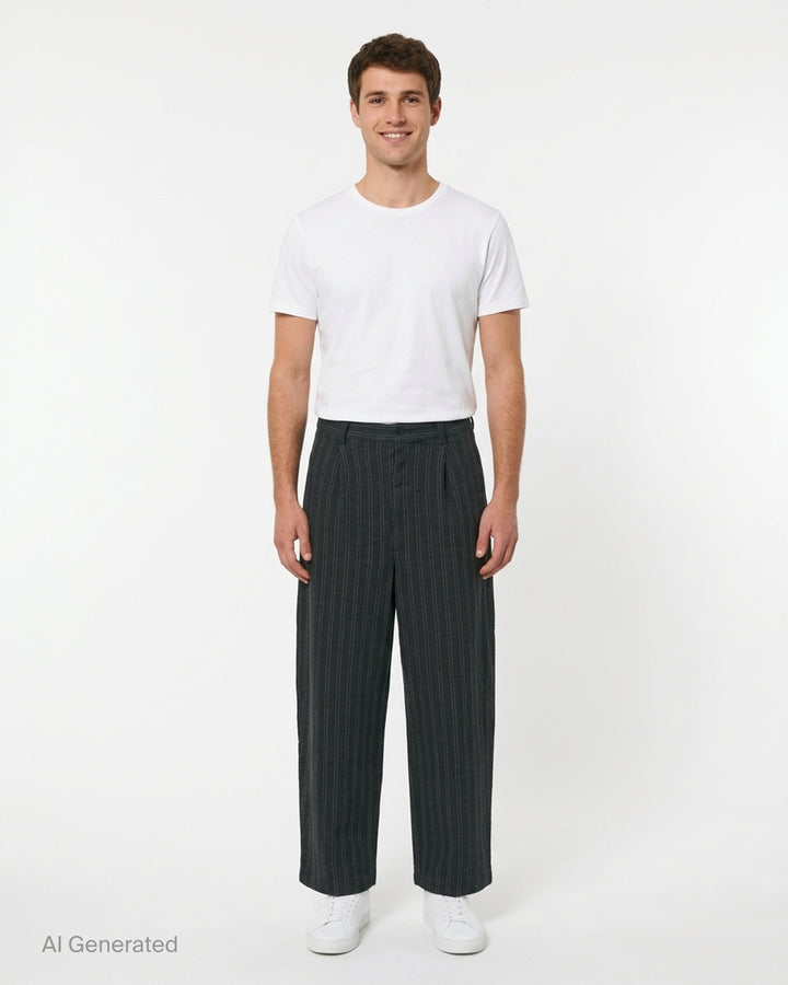 Junya Watanabe charcoal pinstripe wide-leg pants with front pleat and button closure, shown from the front - front
