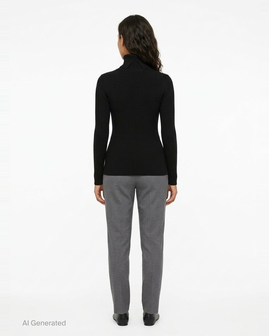 Junya Watanabe black ribbed turtleneck knit top with long raglan sleeves and fitted silhouette, front view - back