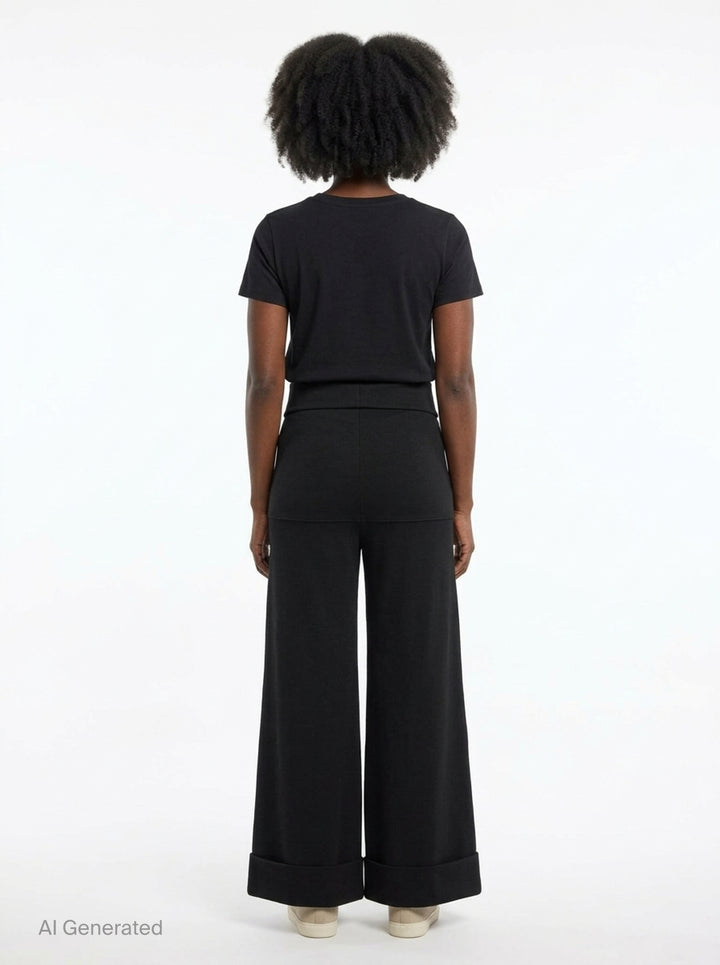 Junya Watanabe straight-leg minimal pants in black, featuring a fold-over waistband, wide silhouette, centre-front seam, and deep turned cuff at the hem, displayed flat on a white background - back