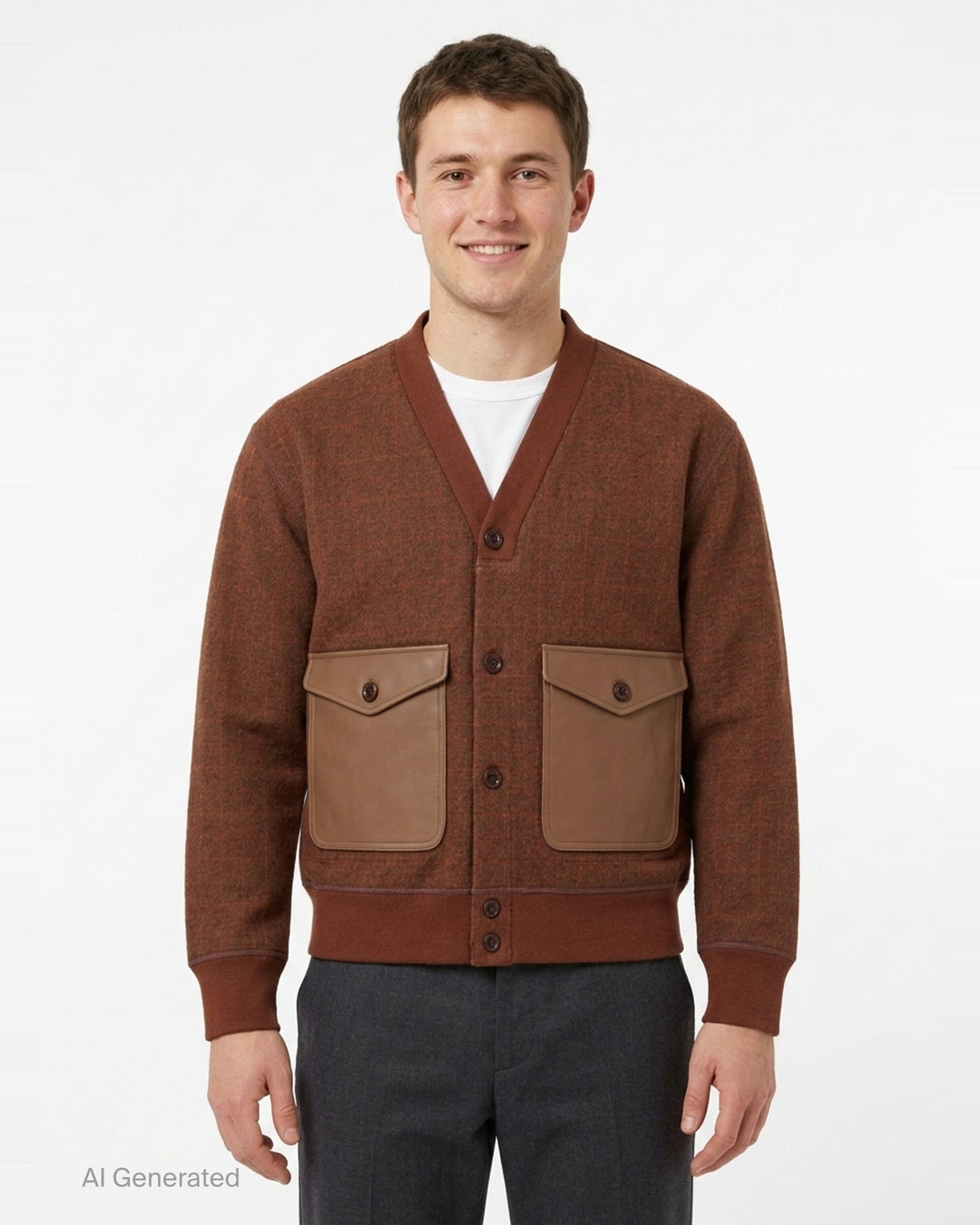 Junya Watanabe MAN wool check cardigan in brown with leather-look patch pockets, button front closure, and ribbed cuffs and hem - front