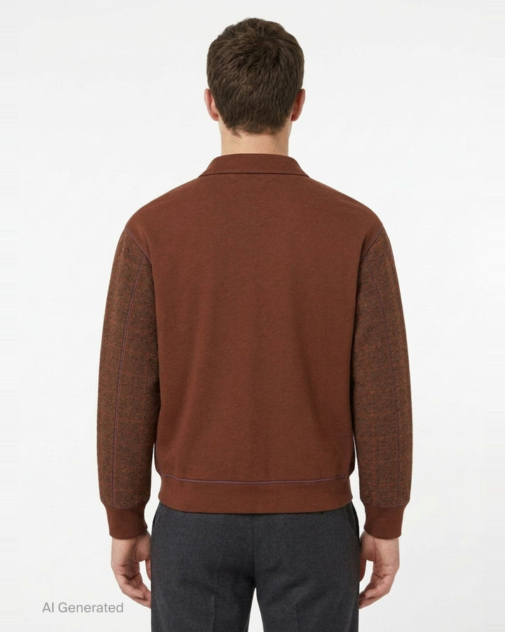 Junya Watanabe MAN wool check cardigan in brown with leather-look patch pockets, button front closure, and ribbed cuffs and hem - back