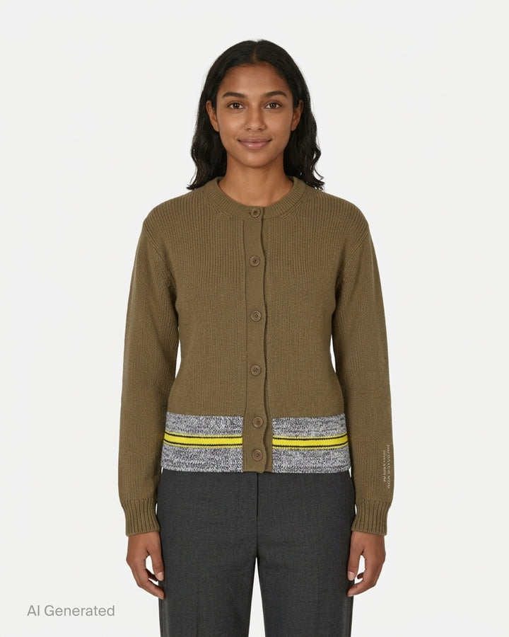 JW Anderson olive green button-up cardigan with a marled grey hem panel and yellow and black stripes - front
