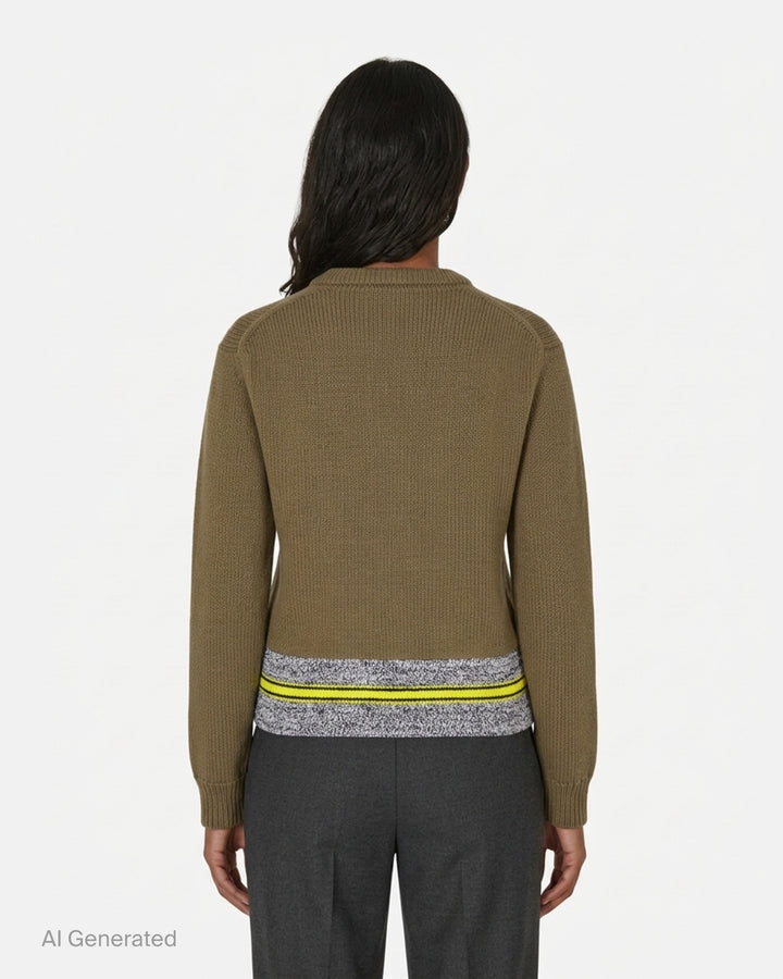 JW Anderson olive green button-up cardigan with a marled grey hem panel and yellow and black stripes - back