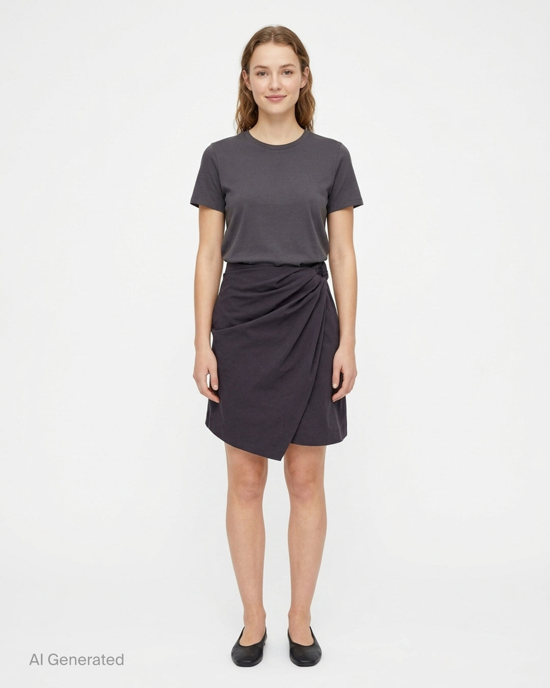 JW Anderson charcoal draped wrap skort with gathered hip detail and asymmetric overlapping hem - front