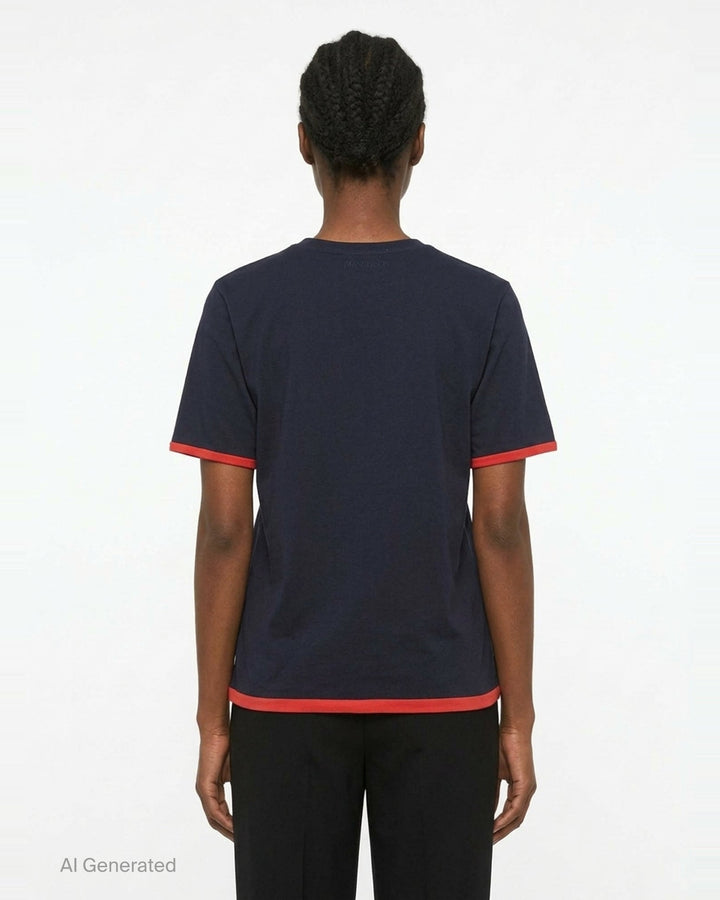JW Anderson navy short sleeve t-shirt with red cursive 'in the shade' chest embroidery and contrast red sleeve and hem trim detailing - back