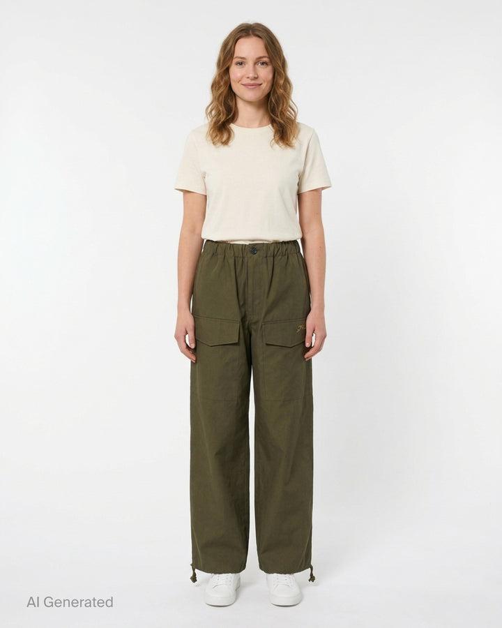 JW Anderson olive parachute track pants with oversized flap pockets, elasticated waist and drawstring hems, shown front view - front