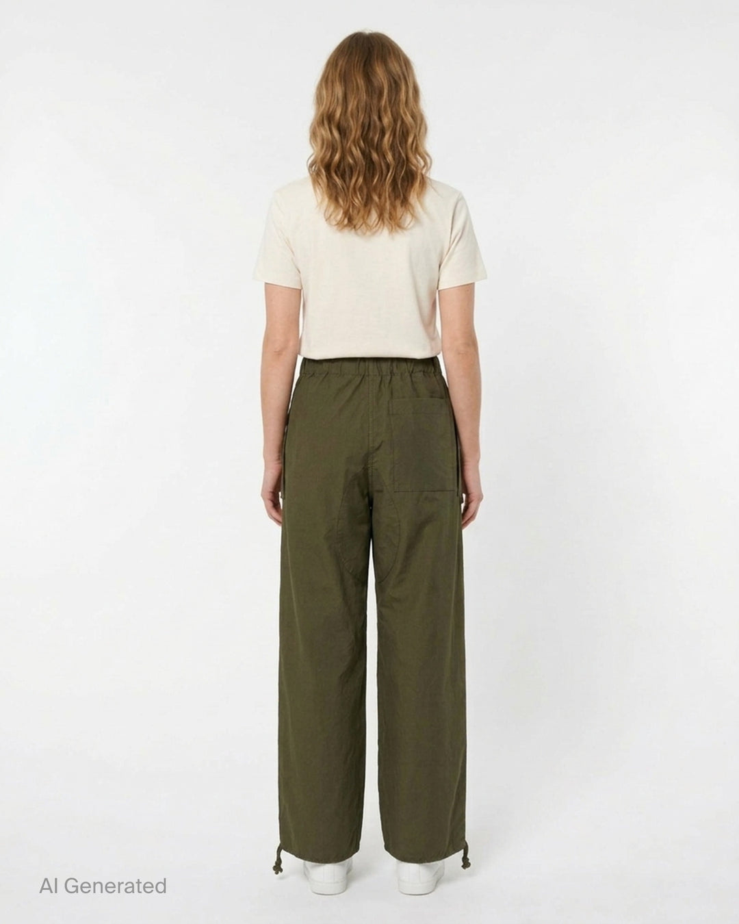 JW Anderson olive parachute track pants with oversized flap pockets, elasticated waist and drawstring hems, shown front view - back
