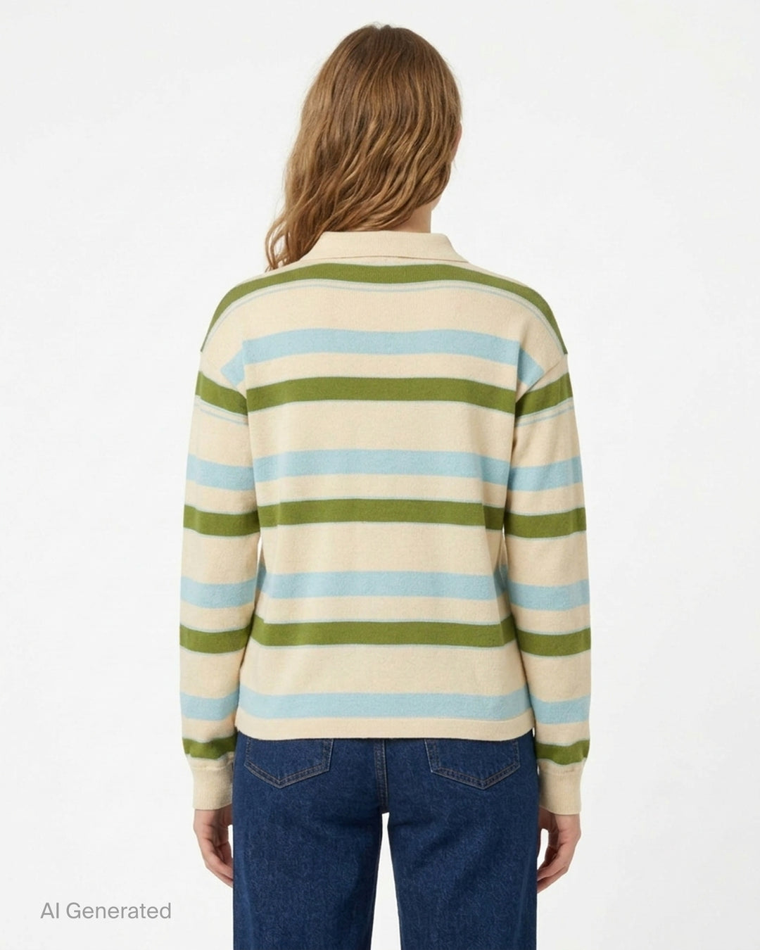 JW Anderson Rugby Knitted Polo in cream with green and light blue horizontal stripes, collar, three-button placket and embroidered anchor logo - back