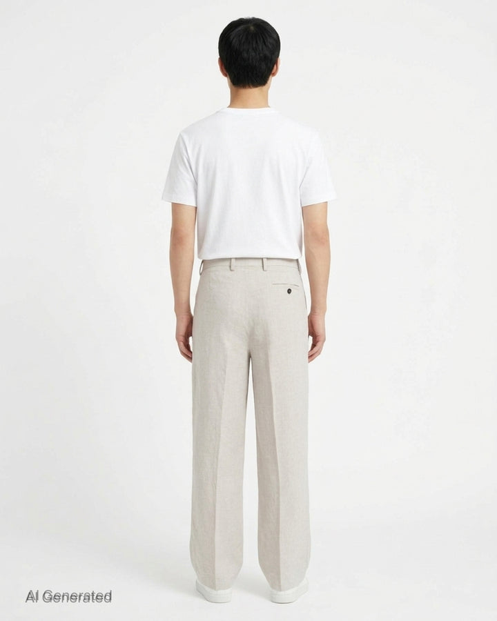 JW Anderson single pleat wide-leg trousers in oatmeal linen, shown from the front - back