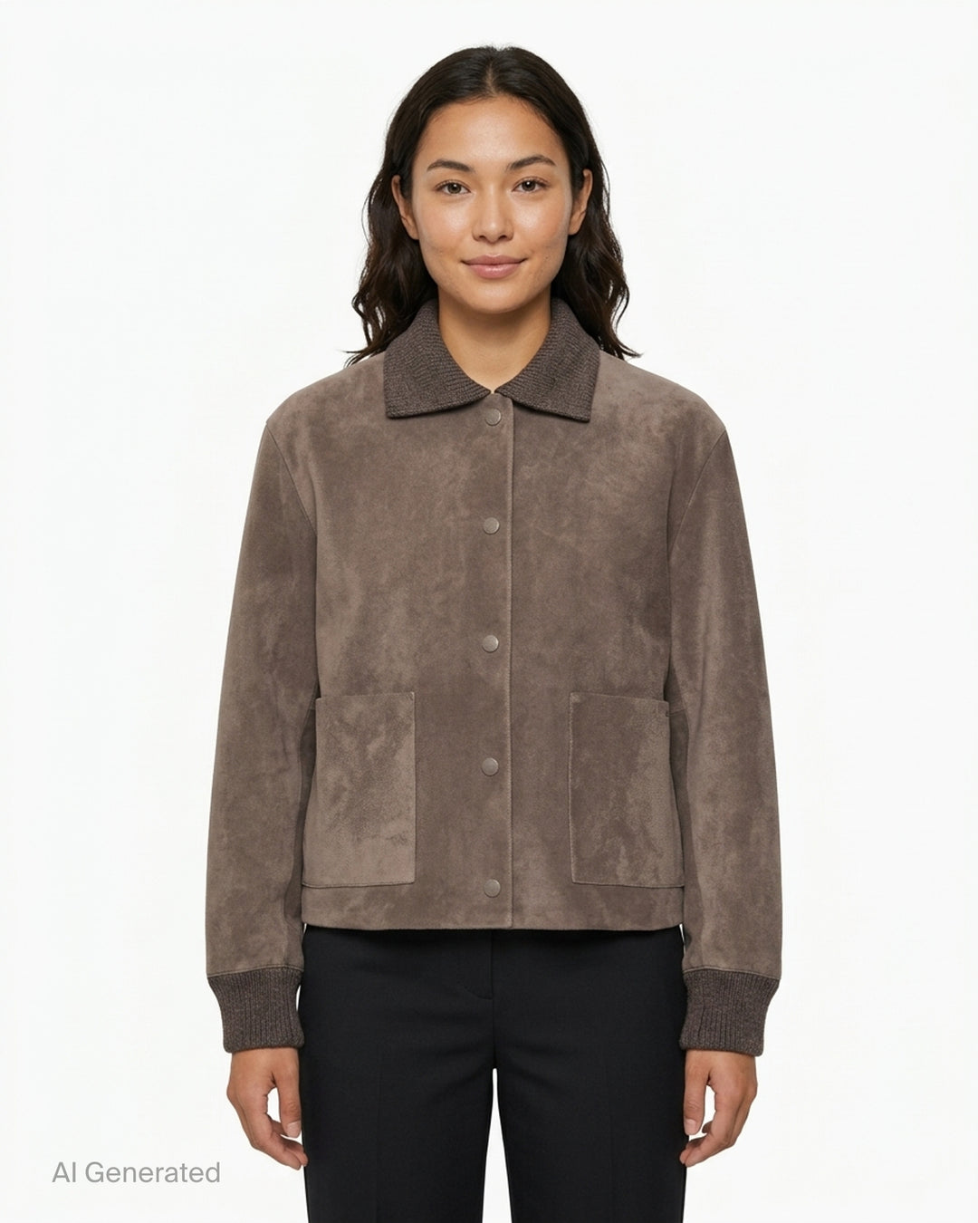 JW Anderson split suede jacket in taupe brown with ribbed knit collar and cuffs, snap-button front and two patch pockets - front