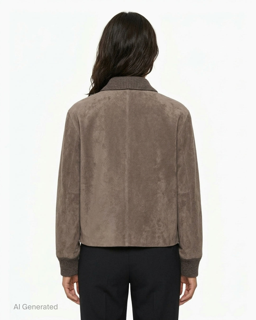 JW Anderson split suede jacket in taupe brown with ribbed knit collar and cuffs, snap-button front and two patch pockets - back