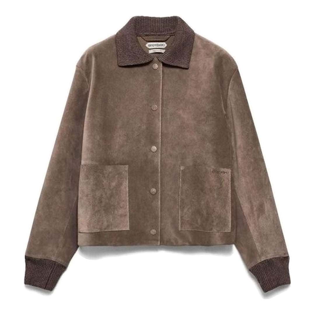 JW Anderson split suede jacket in taupe brown with ribbed knit collar and cuffs, snap-button front and two patch pockets - packshot