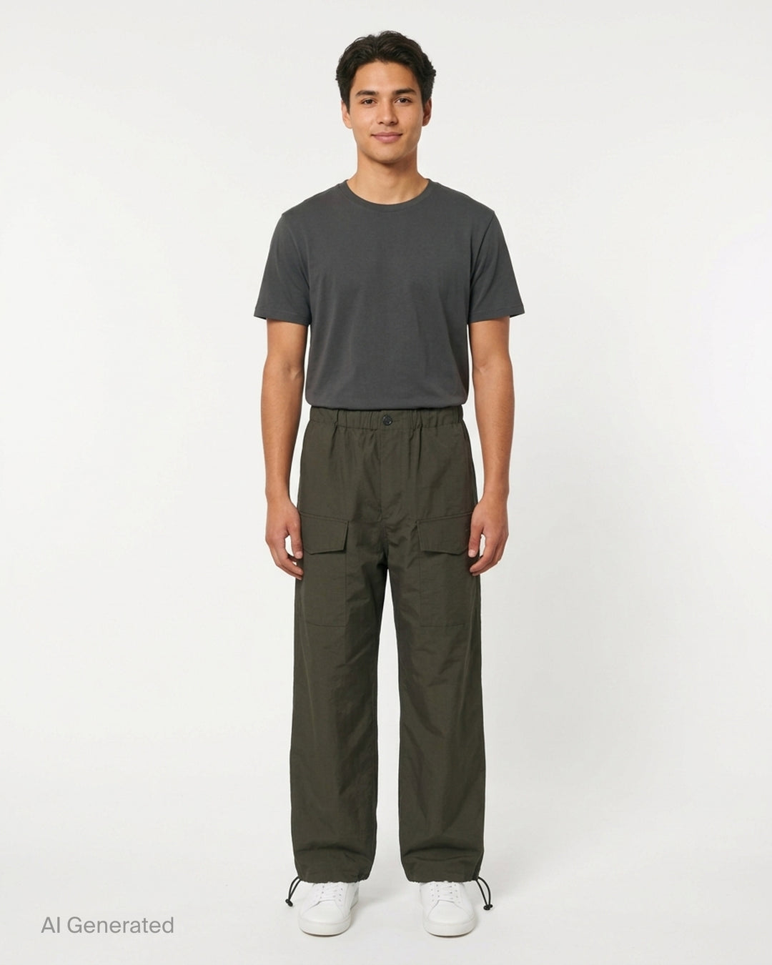 JW Anderson olive textured parachute track pants with wide legs, flap cargo pockets, elasticated waist and drawcord hems - front