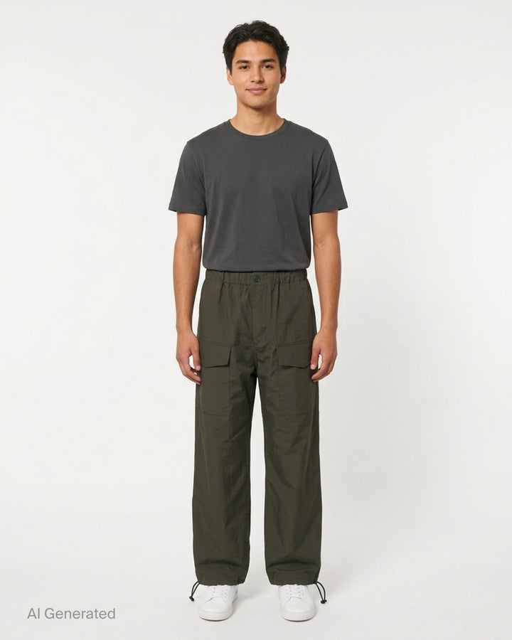JW Anderson olive textured parachute track pants with wide legs, flap cargo pockets, elasticated waist and drawcord hems - front