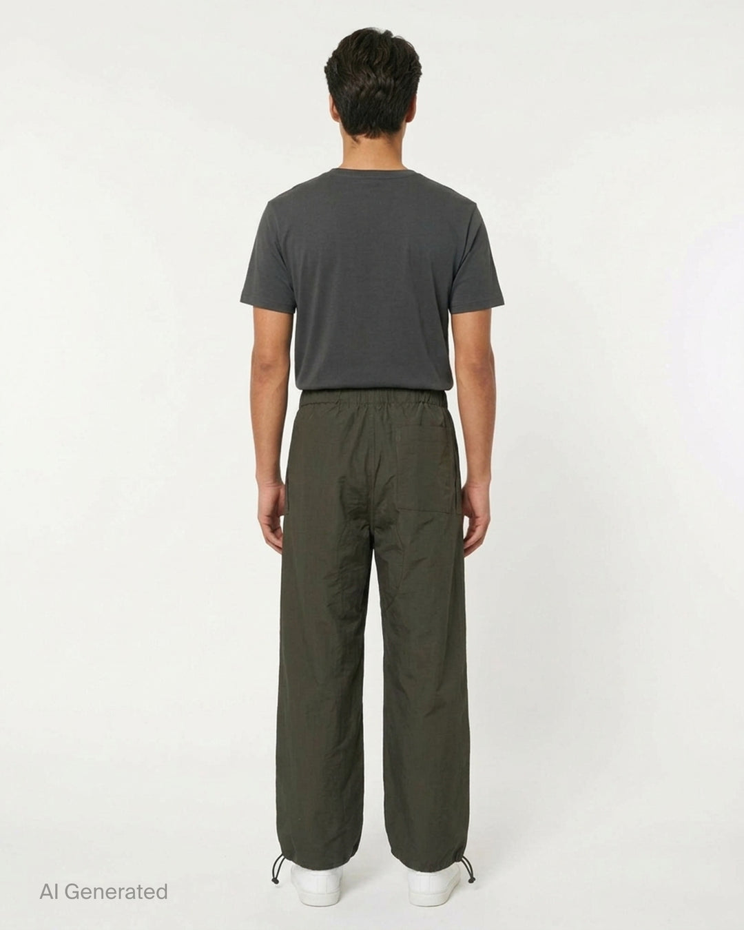 JW Anderson olive textured parachute track pants with wide legs, flap cargo pockets, elasticated waist and drawcord hems - back