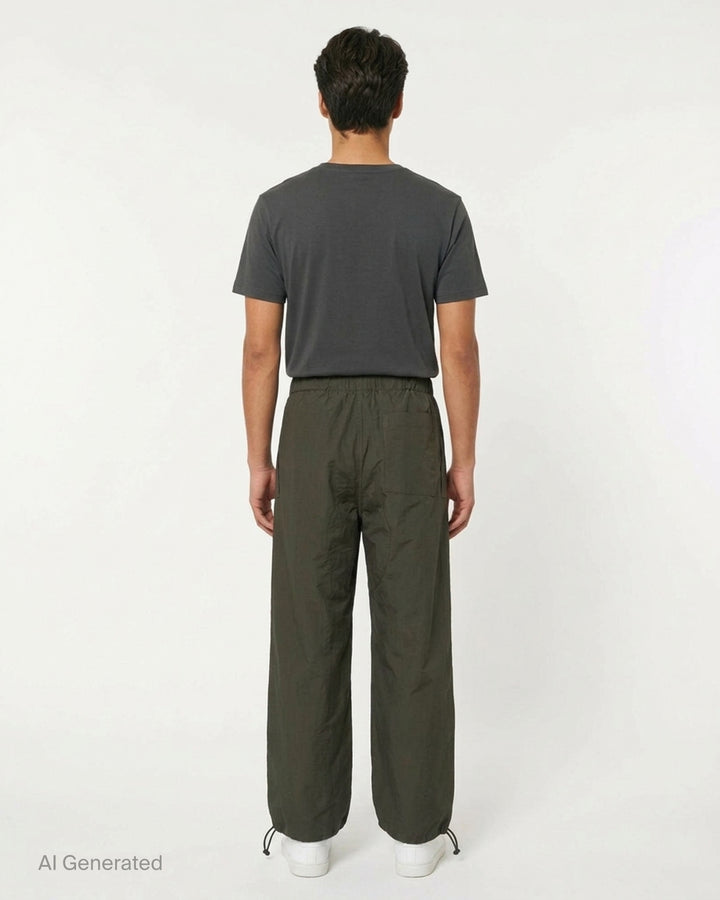 JW Anderson olive textured parachute track pants with wide legs, flap cargo pockets, elasticated waist and drawcord hems - back