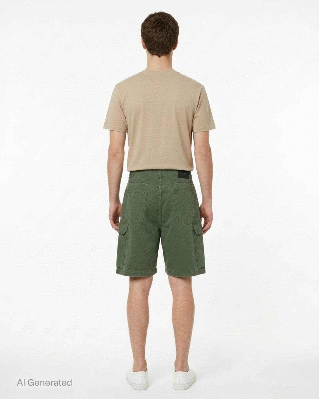 JW Anderson twisted patch pocket shorts in olive green with asymmetric fly, curved seams and flap cargo pockets - back