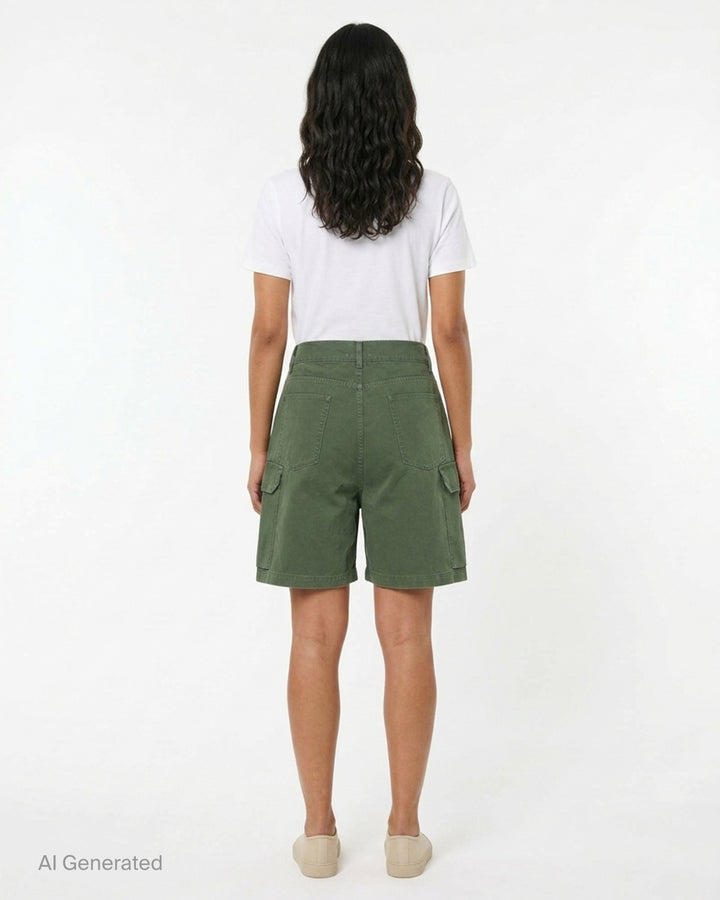 JW Anderson twisted patch pocket cargo shorts in washed olive green cotton with asymmetric waistband and flap pockets - back