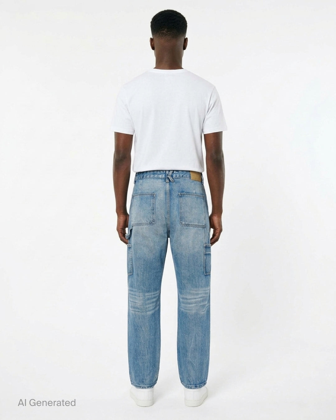 KidSuper Studios Eye Badge washed double knee jeans in faded blue denim with contrast topstitching and utility hammer loop, front view - back