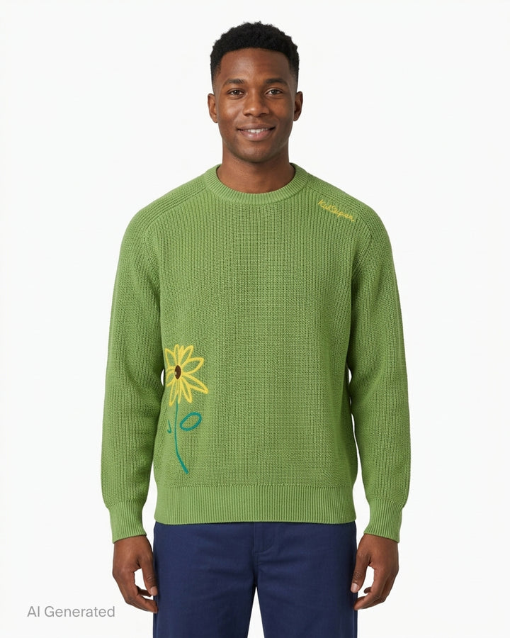 KidSuper Studios green ribbed knit sweater with a yellow embroidered sunflower at the hem and yellow script logo at the shoulder - front