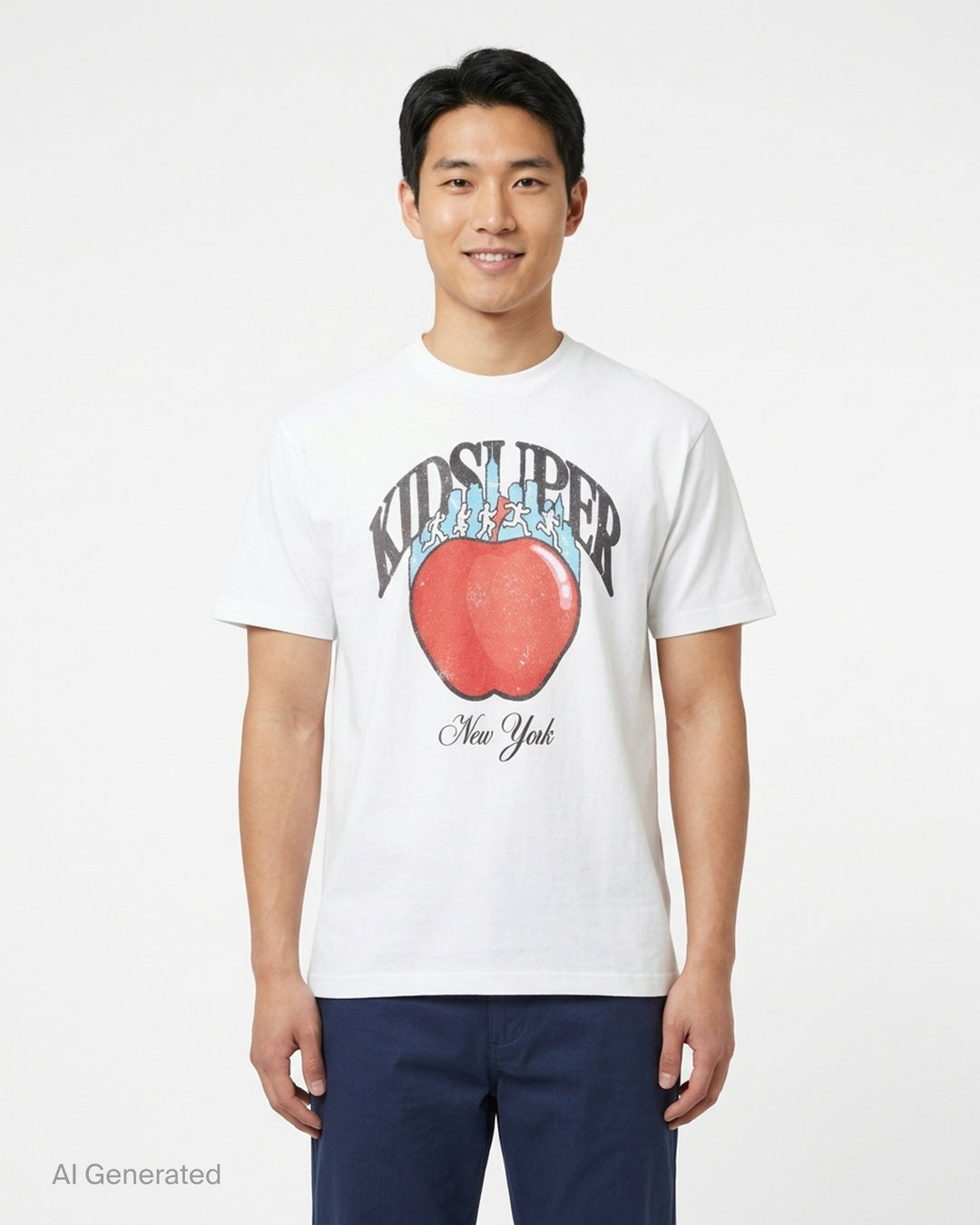 White KidSuper Studios short sleeve tee with a distressed red apple graphic, blue New York skyline, running figures and New York script lettering - front