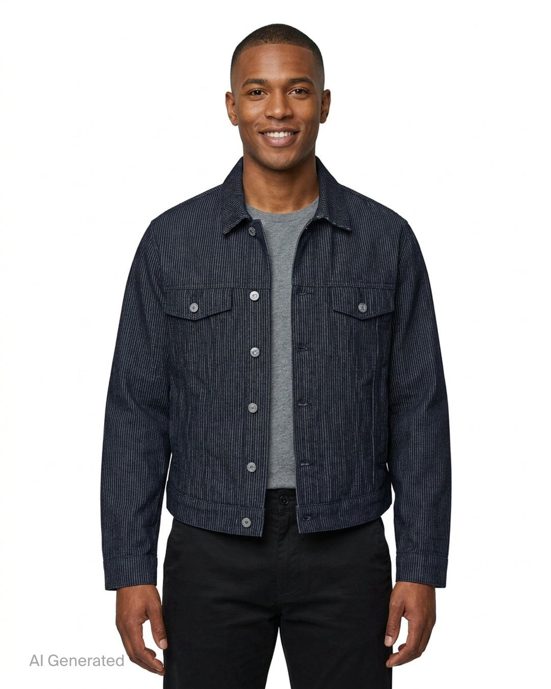 KidSuper Studios Stripe Dove Denim Jacket in dark indigo pinstriped denim with button front and chest flap pockets - front