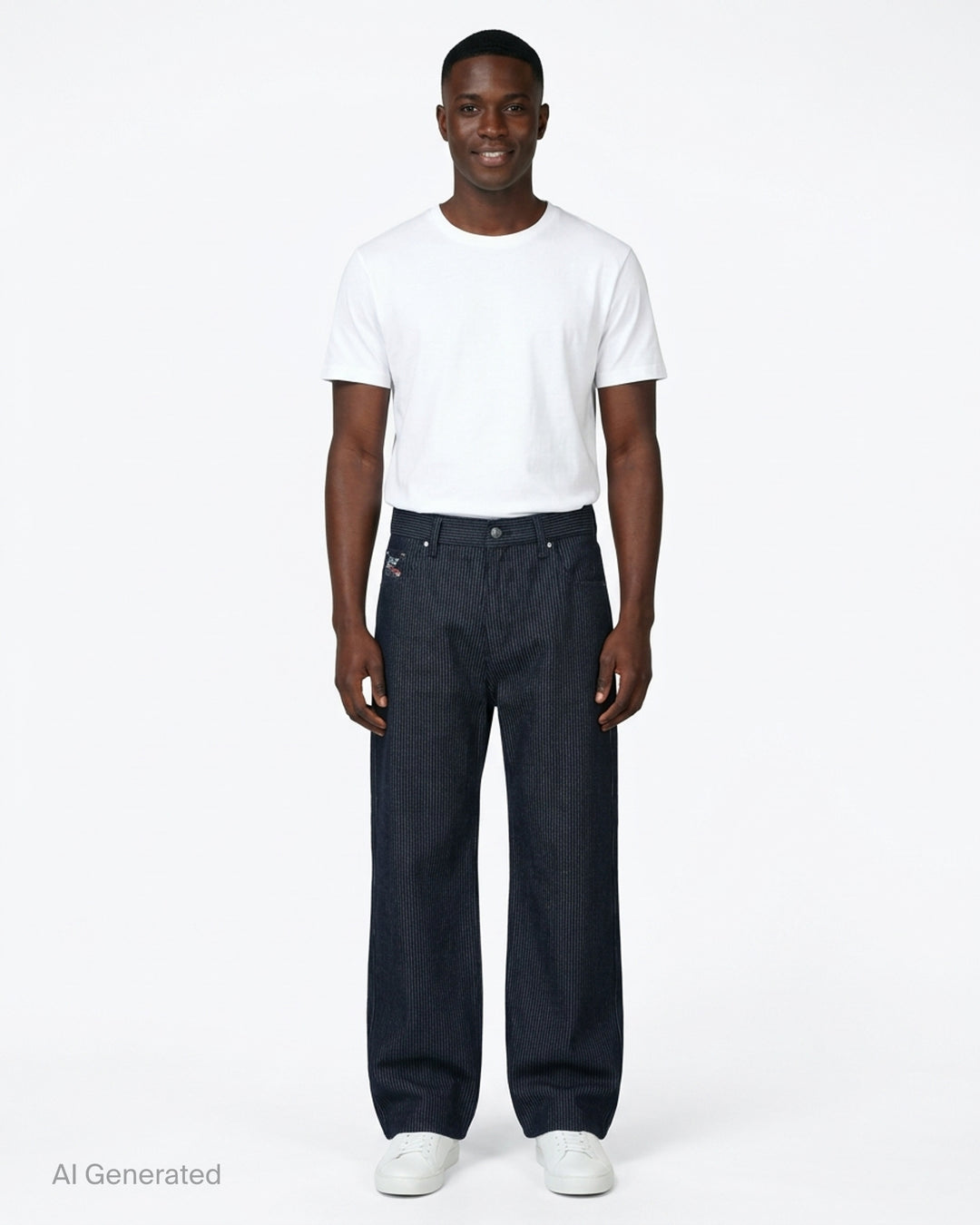 KidSuper Studios Stripe Dove Denim Pants in dark indigo with fine vertical pinstripes, a ridged waistband and a wide-leg cut, shown from the front - front