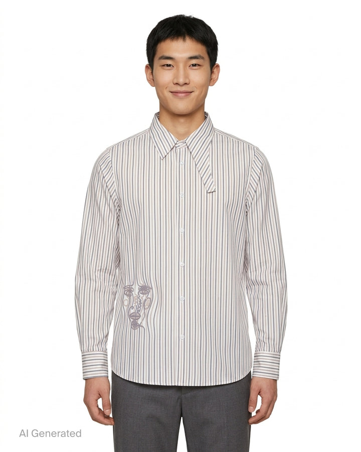 KidSuper Studios long sleeve striped button-up shirt in white, grey and taupe with an abstract line-drawn face print at the hem and an asymmetric collar - front