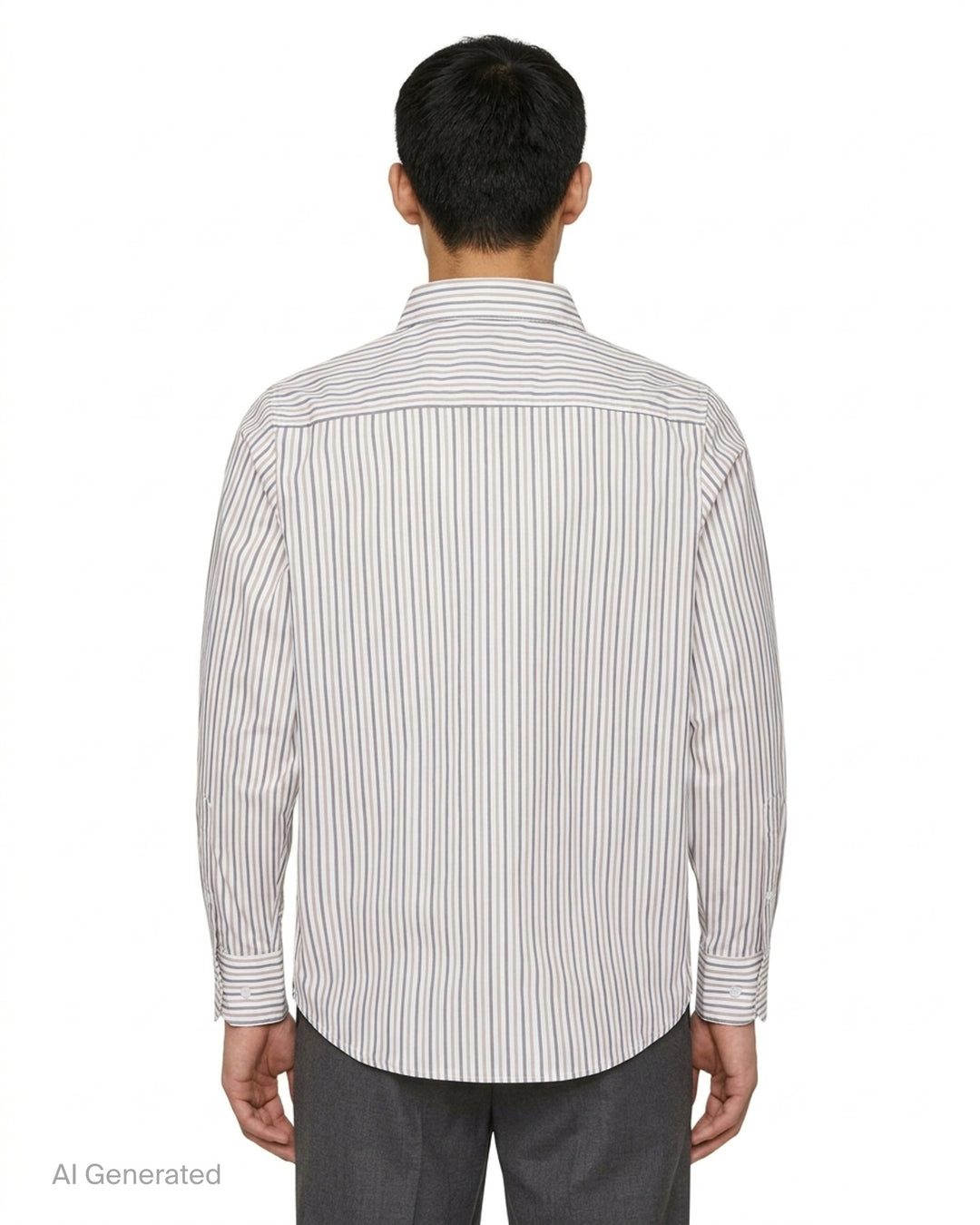 KidSuper Studios long sleeve striped button-up shirt in white, grey and taupe with an abstract line-drawn face print at the hem and an asymmetric collar - back