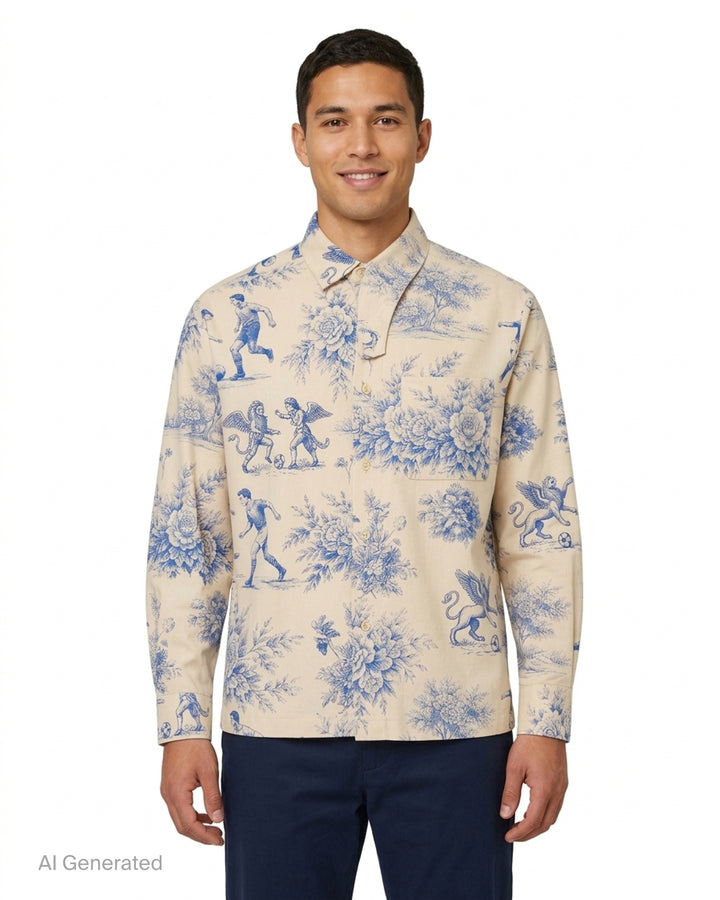 KidSuper Studios cream long sleeve button-up shirt with blue toile de Jouy print of footballers, winged griffins and peonies, with asymmetric collar and chest pocket - front