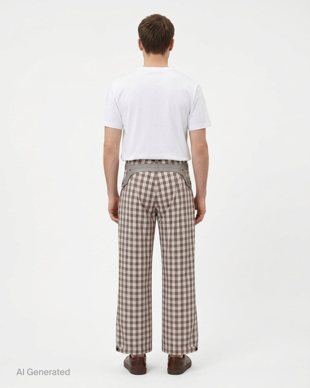 Kiko Kostadinov Fitz trousers in brown and cream gingham check with studded curved side pockets and buttoned hem tabs - back