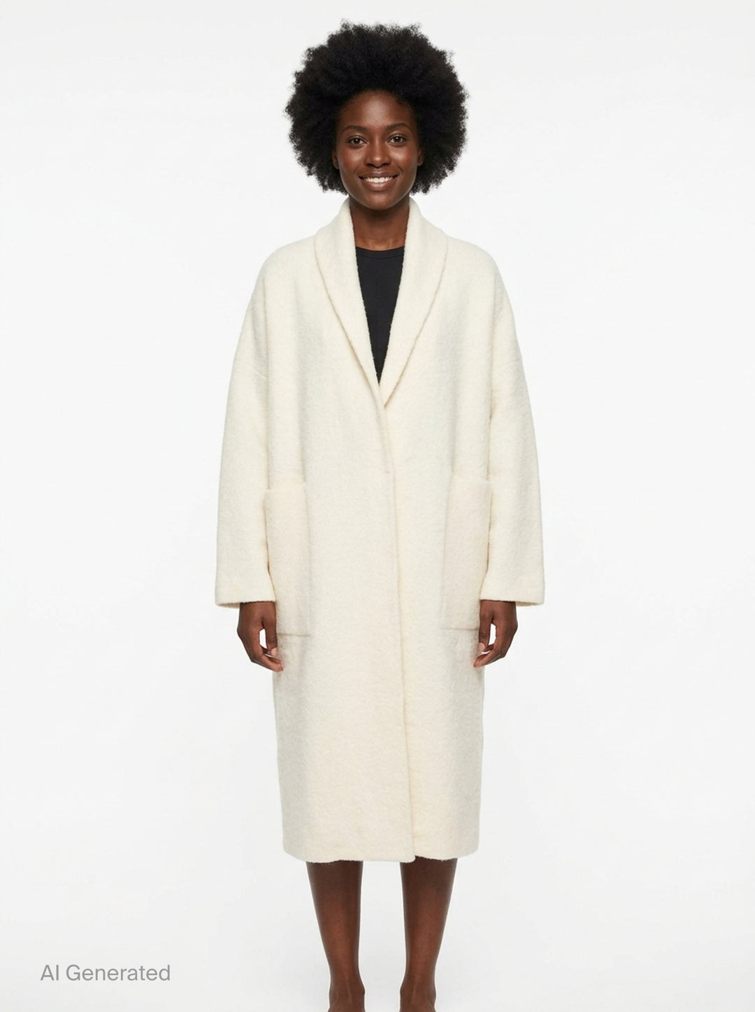 Lauren Manoogian Double Face Long Coat in ivory, displayed flat with shawl collar, dropped shoulders, patch pockets, and open-front silhouette - front