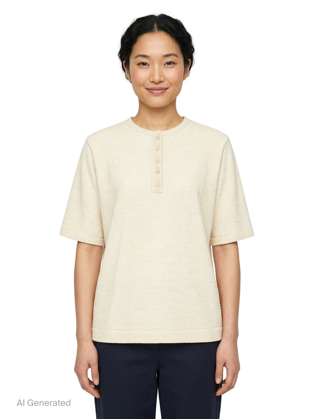 Lauren Manoogian Fine Henley knit top in heathered taupe with short sleeves, a round neck, and a partial button placket, shown flat on a white background - front