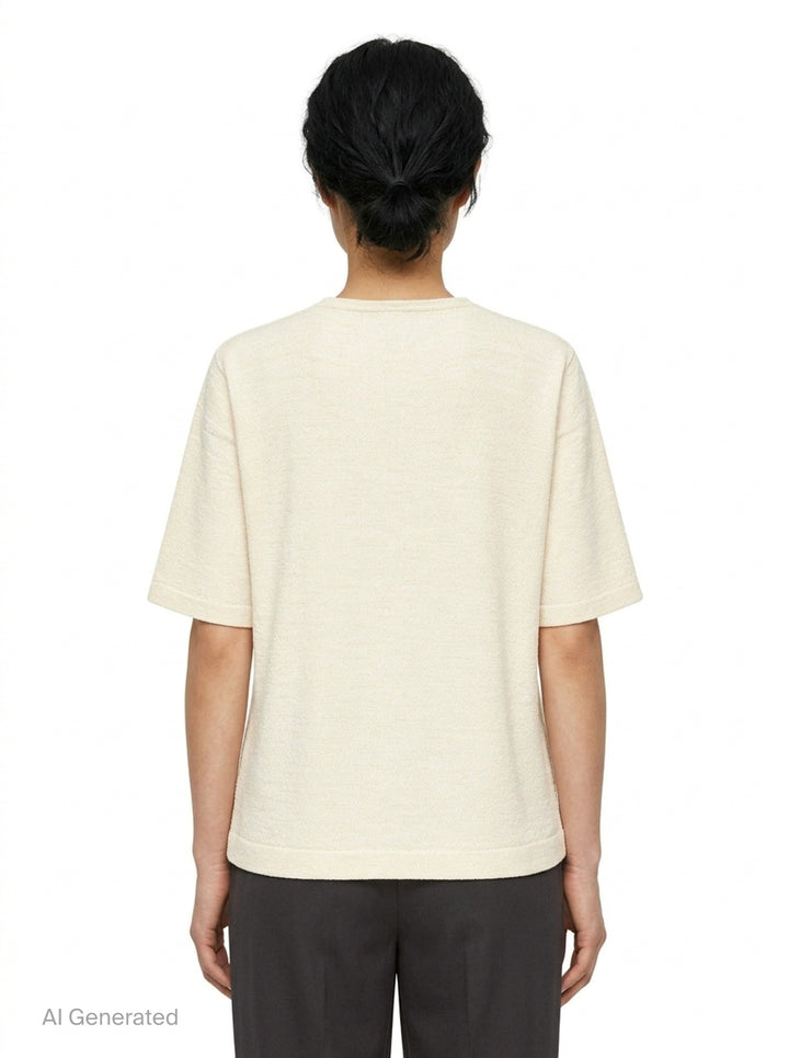 Lauren Manoogian Fine Henley knit top in heathered taupe with short sleeves, a round neck, and a partial button placket, shown flat on a white background - back