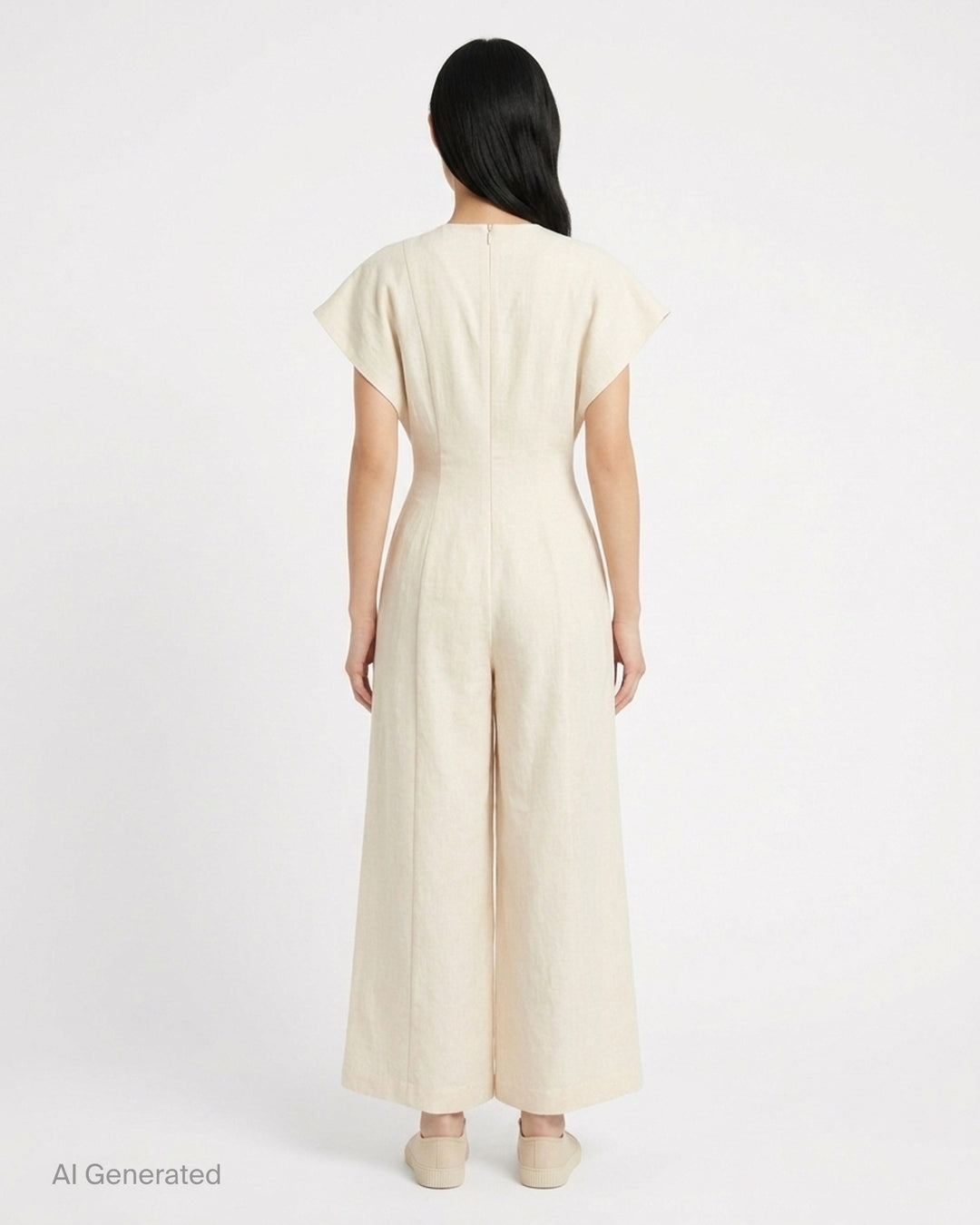 Black cap-sleeve wide-leg jumpsuit with pleated front and cinched waist by Lauren Manoogian - back