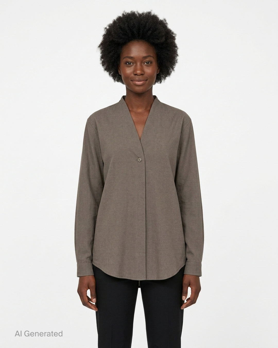 Lauren Manoogian Lap Shirt in earthy brown with a V-neck, single button closure and long sleeves, shown flat from the front - front