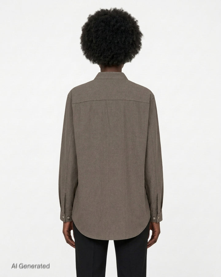 Lauren Manoogian Lap Shirt in earthy brown with a V-neck, single button closure and long sleeves, shown flat from the front - back