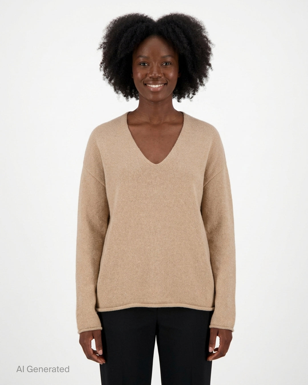 Lauren Manoogian Soft V Neck Sweater in camel, an oversized long-sleeve knit with a deep V neckline and rolled hem, shown flat from the front - front