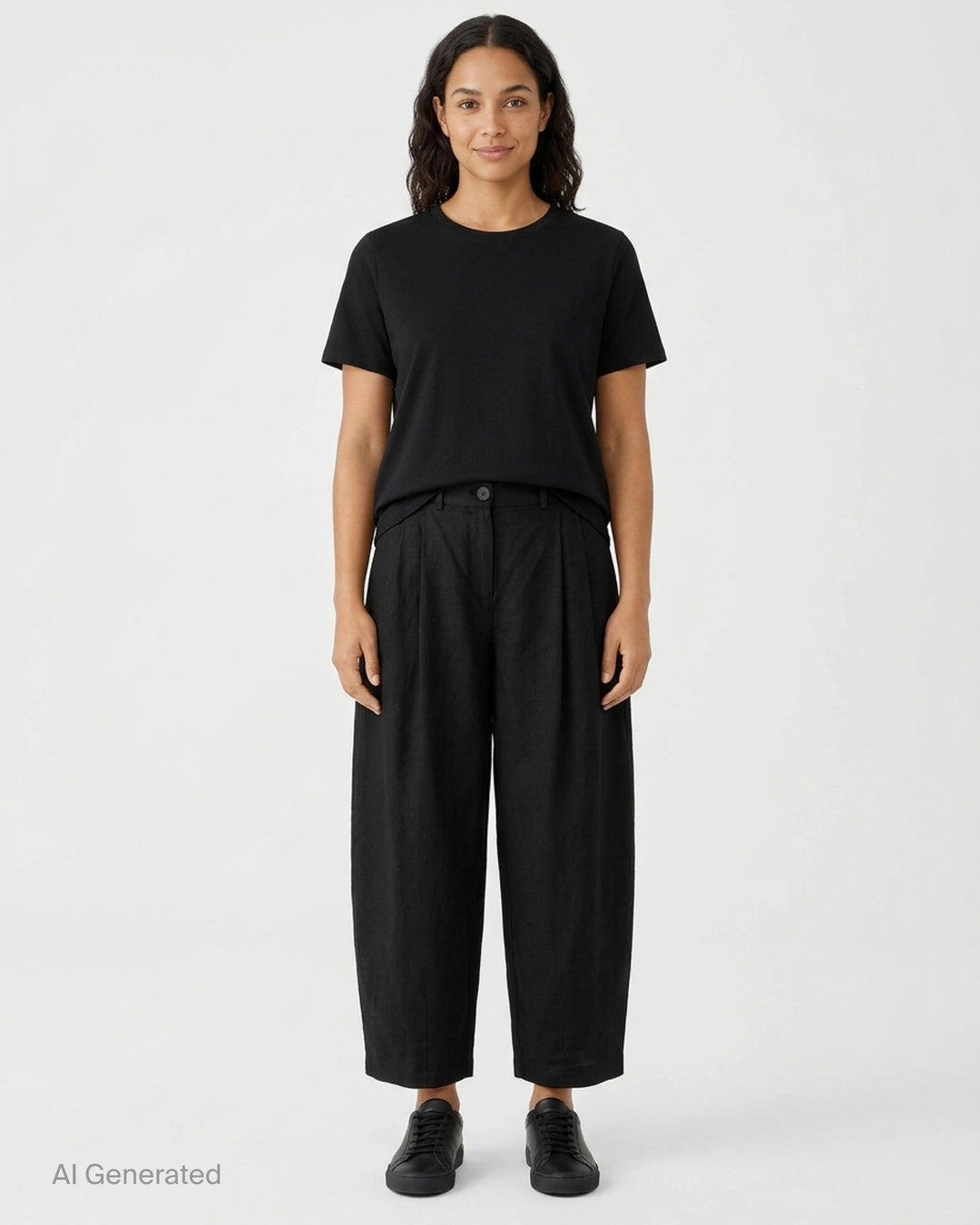 Lauren Manoogian black pleated taper trousers with a high waist and curved leg, shown from the front - front