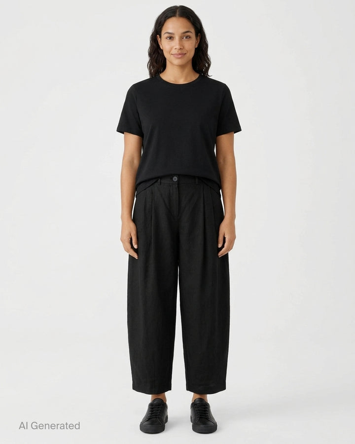 Lauren Manoogian black pleated taper trousers with a high waist and curved leg, shown from the front - front