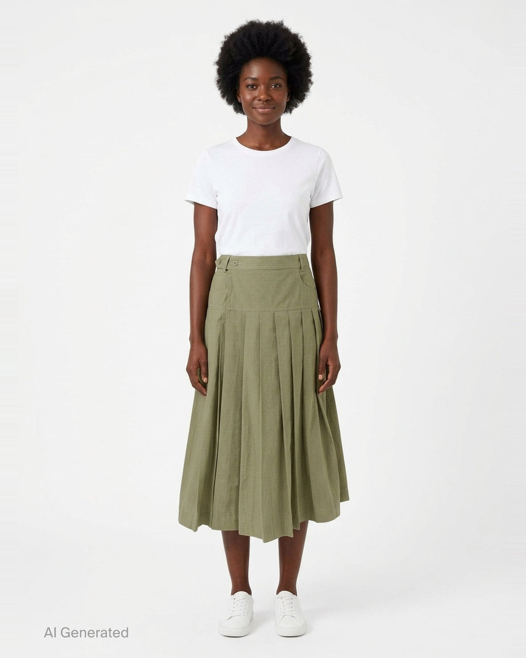 Lee Mathews Cecil Cotton Wrap Skirt in olive khaki, featuring a structured yoke, deep box pleats, button tab waistband, and midi length, photographed on a white background - front