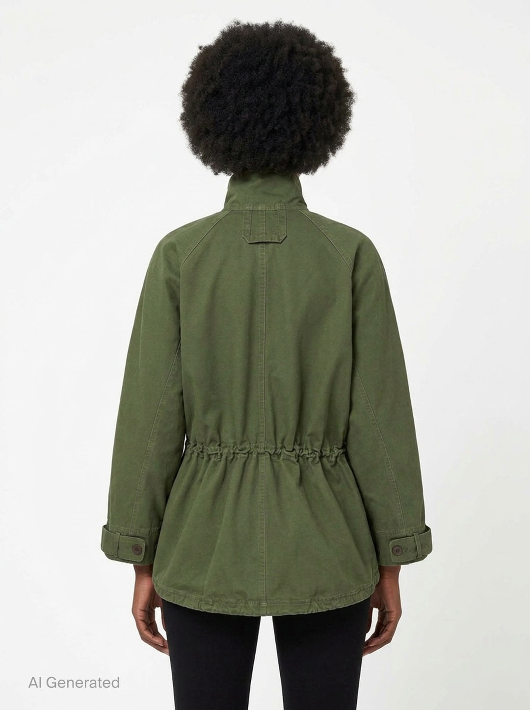 Lee Mathews Harper Drill Utility Jacket in washed khaki cotton drill, featuring a stand collar, button-through placket, drawstring waist, and large flap hip pockets - back